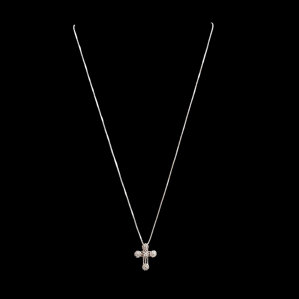 Delicate 925 Silver and White Topaz 18" Chain 3/4" Milgrain Cross Necklace Italy